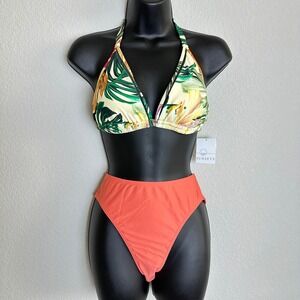 Sunsets Amber Oasis Laney Triangle Bikini Top D-Cup Coral High Waist Bottoms L